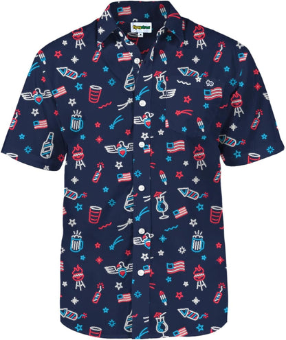 HOTTipsy Elves Patriotic Shirts for Men - USA Short Sleeve Button Up American Flag Shirts for Men for 4th of July