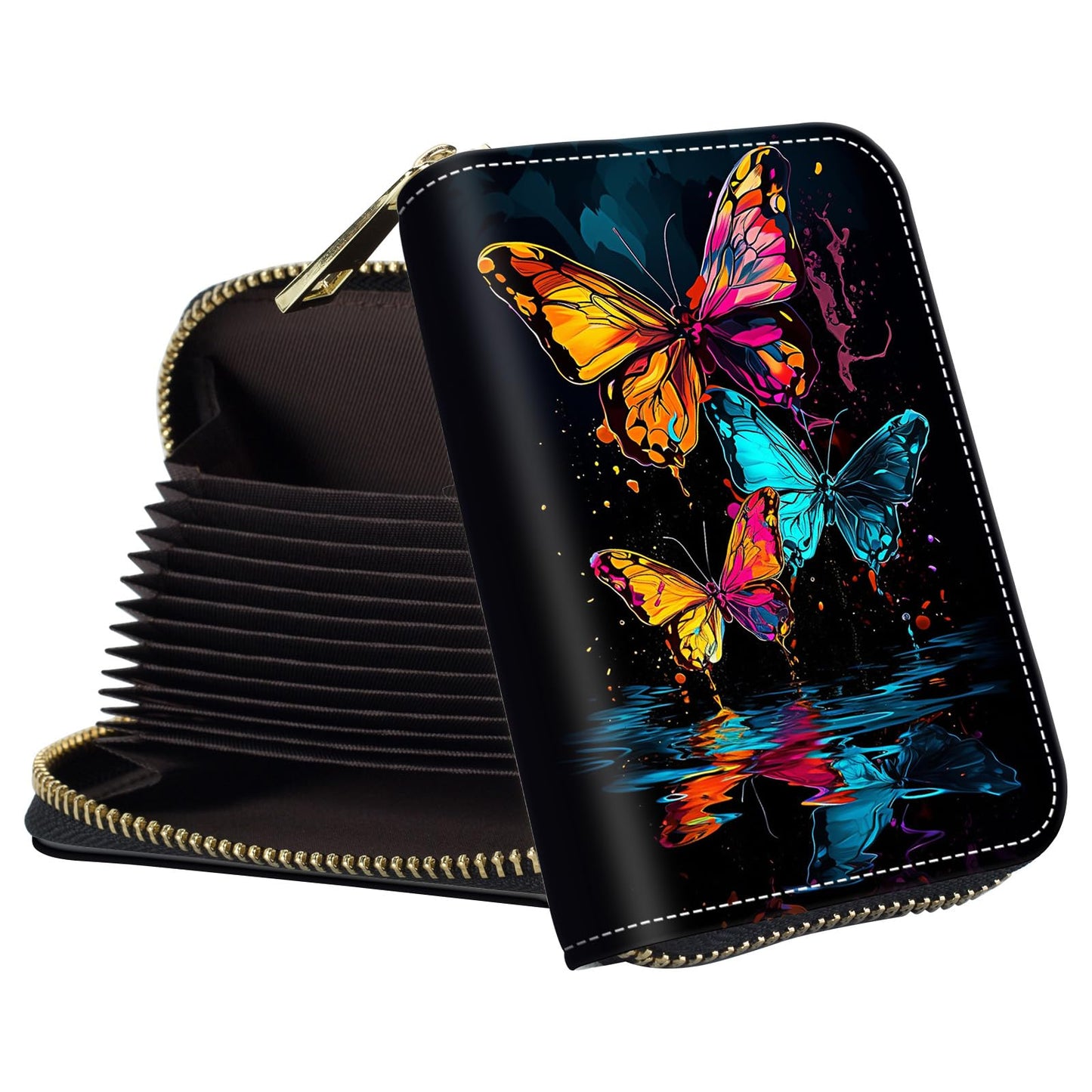 HOTSmall Wallet for Women Credit Card Holder,RFID Leather Business Card Case Wallet with Zipper Design for Women Men Gifts-Butterflies and Elephants