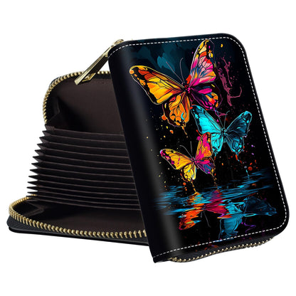 HOTSmall Wallet for Women Credit Card Holder,RFID Leather Business Card Case Wallet with Zipper Design for Women Men Gifts-Butterflies and Elephants