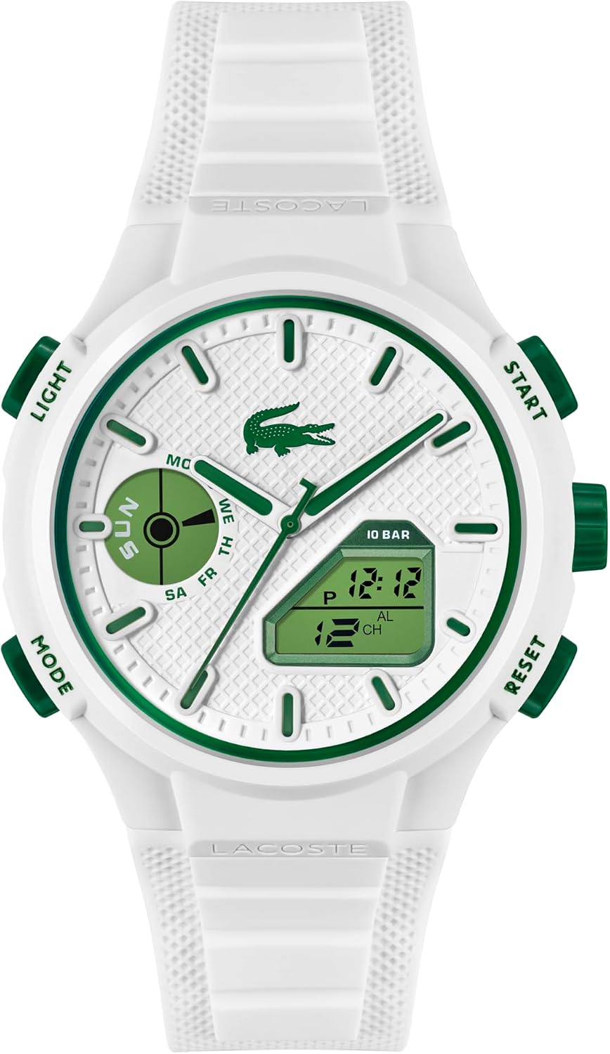 HOTLacoste LC33 Men’s Analog-Digital Quartz Watch - Silicone Strap with Crocodile Texture, TR90 Octagonal Case, Alarm, Chronograph and Calendar -Bold, Sporty Timepiece
