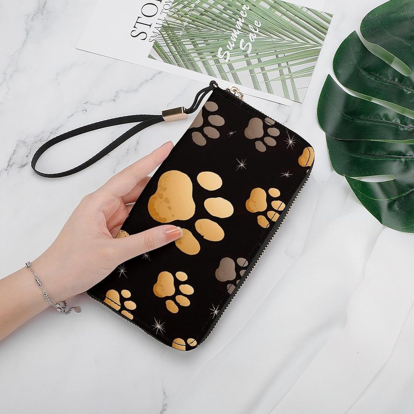 HOTLeather Purse,Dog Paw Print Print Womens Wallet,travel Wallet,wrist Strap Long Purse,leather Zip Around Wallet