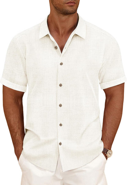 HOTCURBODO Linen Blend Shirts for Men Casual Short Sleeve Button Down Shirt Cool Summer Beach Wedding Vacation Tops