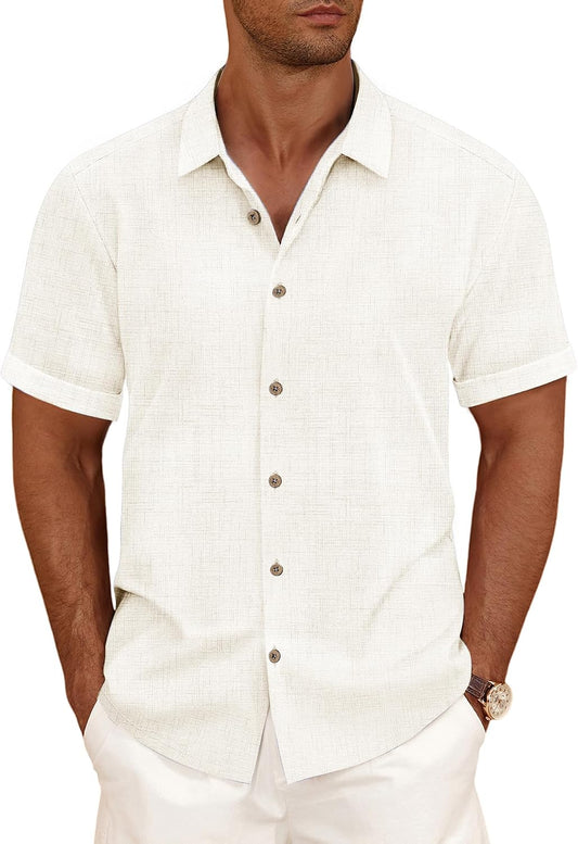HOTCURBODO Linen Blend Shirts for Men Casual Short Sleeve Button Down Shirt Cool Summer Beach Wedding Vacation Tops