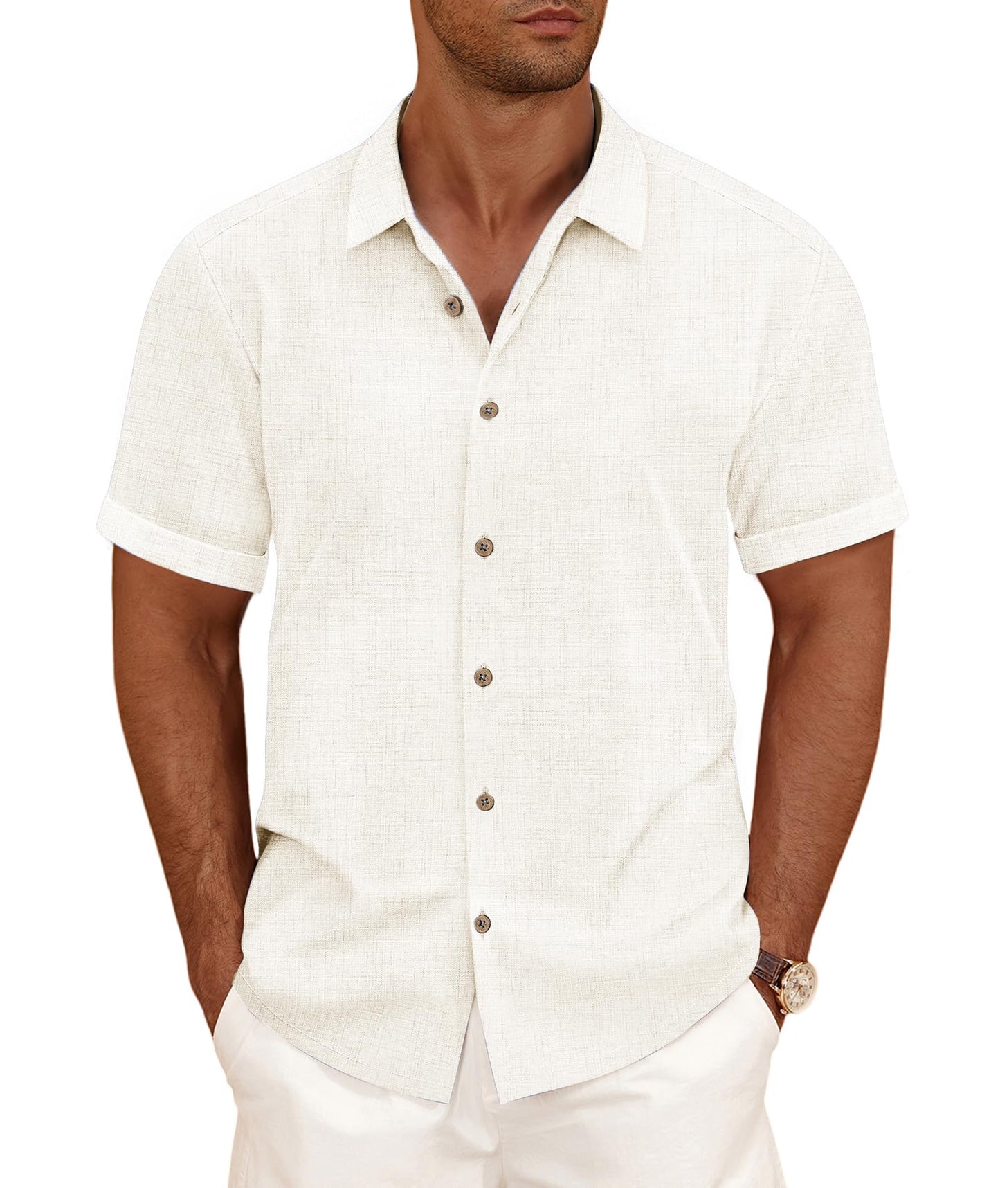 HOTCURBODO Linen Blend Shirts for Men Casual Short Sleeve Button Down Shirt Cool Summer Beach Wedding Vacation Tops