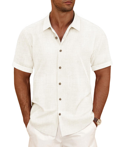 HOTCURBODO Linen Blend Shirts for Men Casual Short Sleeve Button Down Shirt Cool Summer Beach Wedding Vacation Tops
