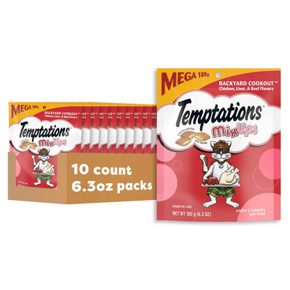HOTTemptations MixUps Crunchy and Soft Cat Treats, Cookout Flavor, 30 oz | Chicken, liver & beef flavors, under 2 calories per treat, 100% complete & balanced for adult cats, resealable stay-fresh tub