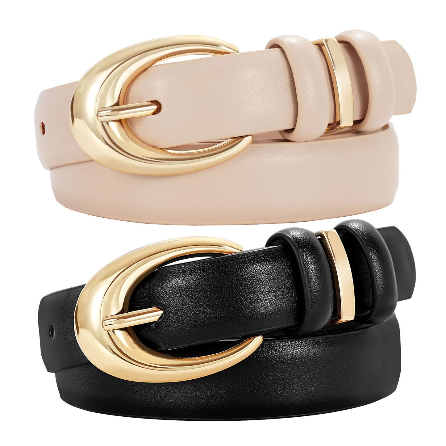 HOTTRIWORKS 2 Pack Women Leather Belt for Jeans Pants Fashion Ladies Faux Leather Belt with Gold Buckle