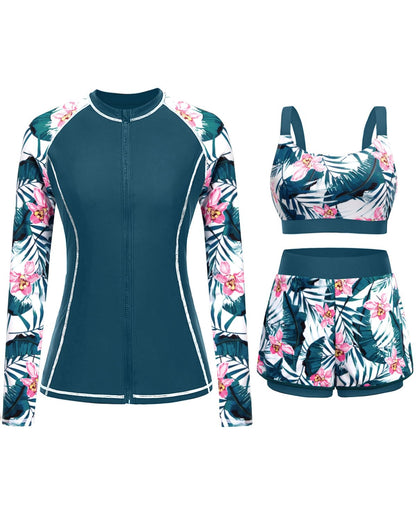 HOTDaci 3 Piece Rash Guard Set with 3'' Shorts | UPF 50+ Sun Protection, Long Sleeve Swim Shirt, High Rise, Built-in Bra, Removable Pads, for Beach, Pool, and Surfing