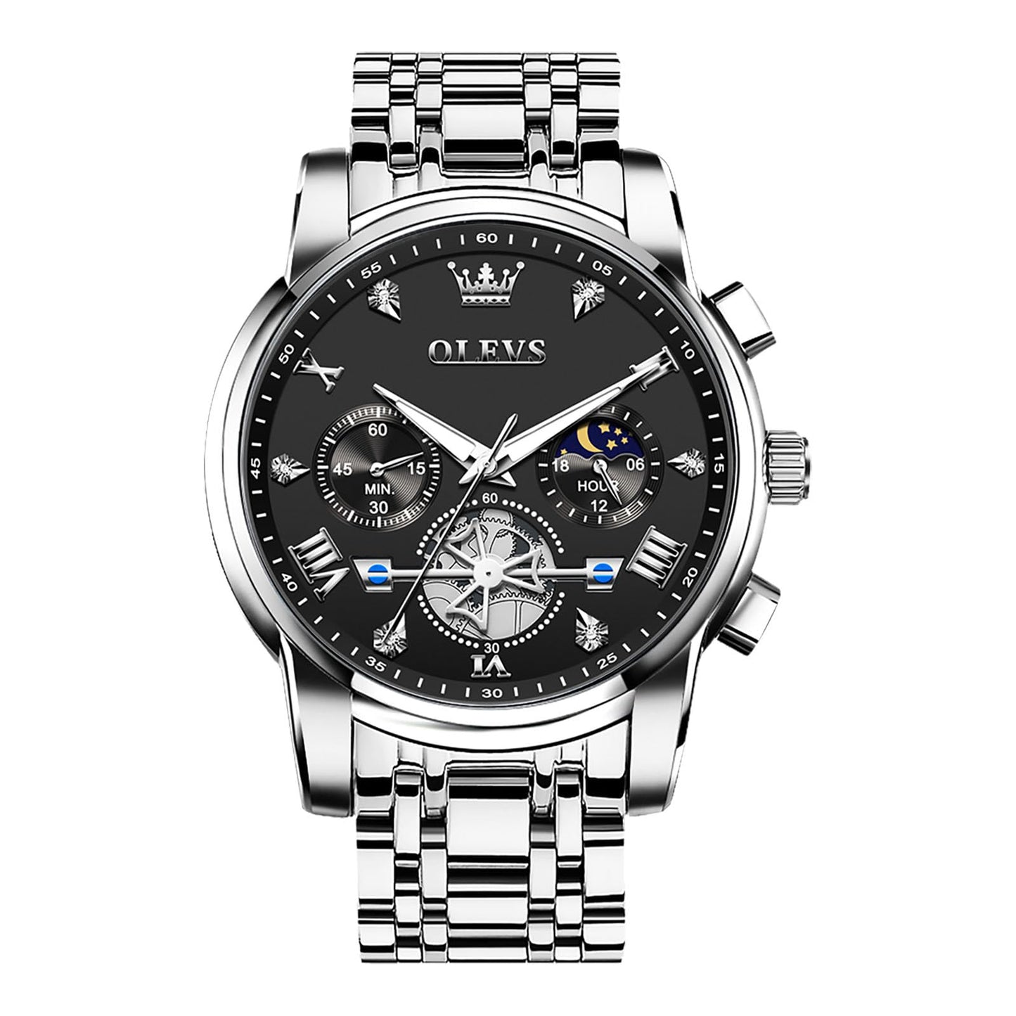 HOTOLEVS Men Watches Stainless Steel Chronograph Watch, Large Wrist Analog Quartz Watch, Fashion Waterproof Diamond Roman Numerals Dress Watches for Men, Gold/Black/White/Blue/Grey Dial