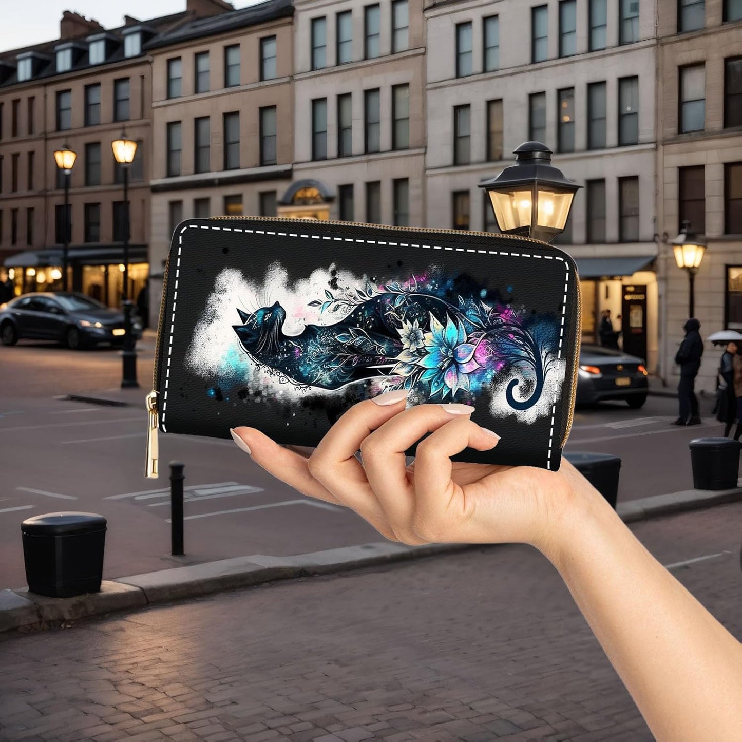 HOTWallet,Large Capacity RFID Blocking Leather Wallet, Durable Smooth Zipper Clutch,Unisex Travel Wallet for Cards,Cash,and Coins - Black Cat and Flowers
