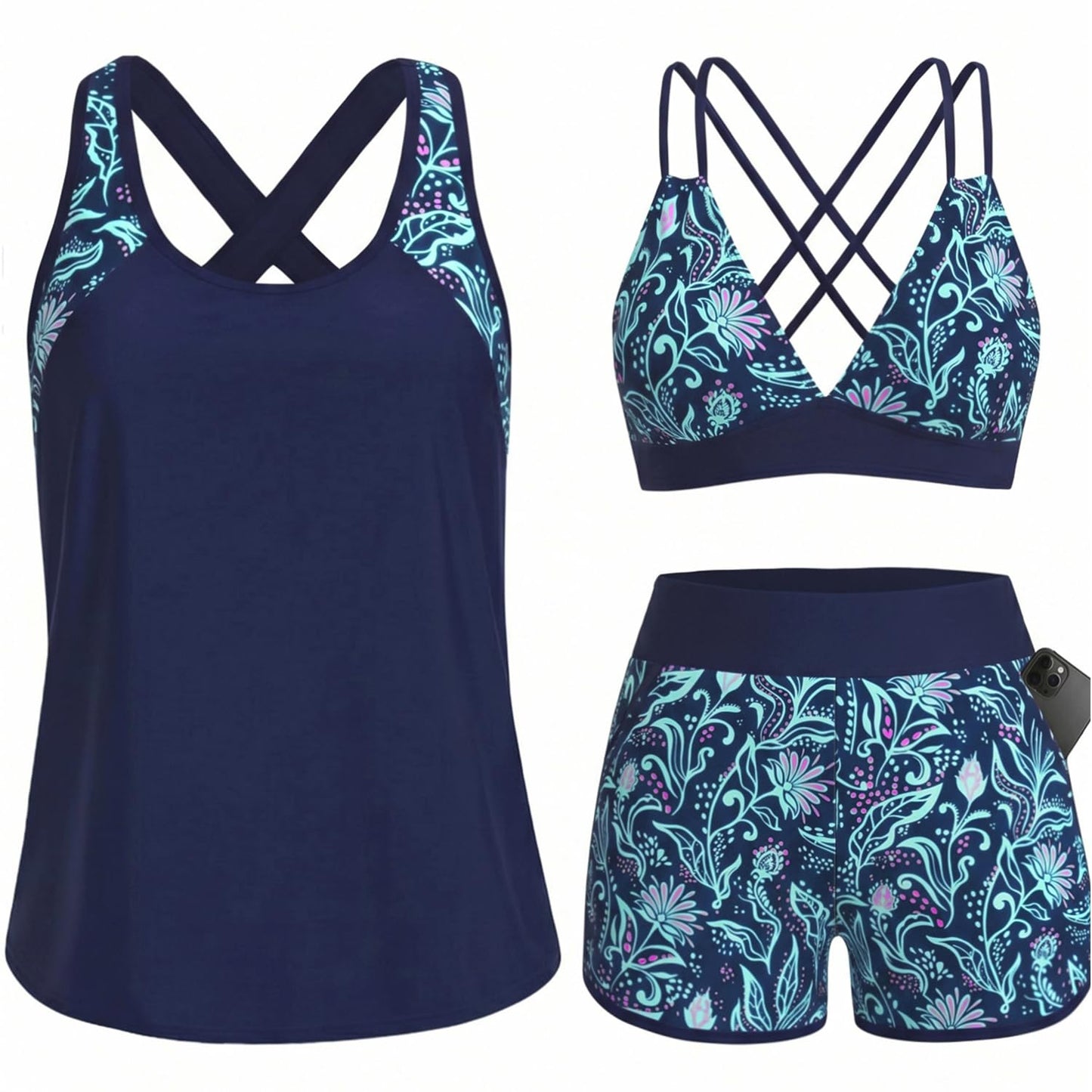 HOTWomen's 3 Piece Tankini Swimsuit Tummy Control with Bra Pocket Boy Shorts | Modest Bathing Suit, Athletic Style, Strappy-Back Support, High-Waist Fit, Built-In Brief, Side Pockets, Beach Swim Days
