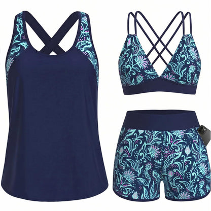 HOTWomen's 3 Piece Tankini Swimsuit Tummy Control with Bra Pocket Boy Shorts | Modest Bathing Suit, Athletic Style, Strappy-Back Support, High-Waist Fit, Built-In Brief, Side Pockets, Beach Swim Days