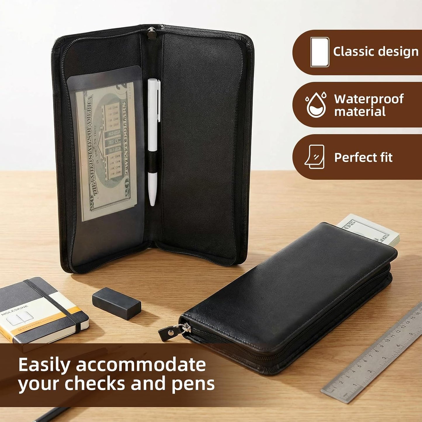 HOTLeather Checkbook Cover Business Checkbook Wallet for Men Women Check Book Case Card Holder Personal Check Registers with Pen Inserts Zippered Portfolio for Traveller Checks Duplicate Checks