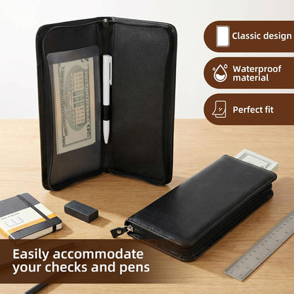 HOTLeather Checkbook Cover Business Checkbook Wallet for Men Women Check Book Case Card Holder Personal Check Registers with Pen Inserts Zippered Portfolio for Traveller Checks Duplicate Checks