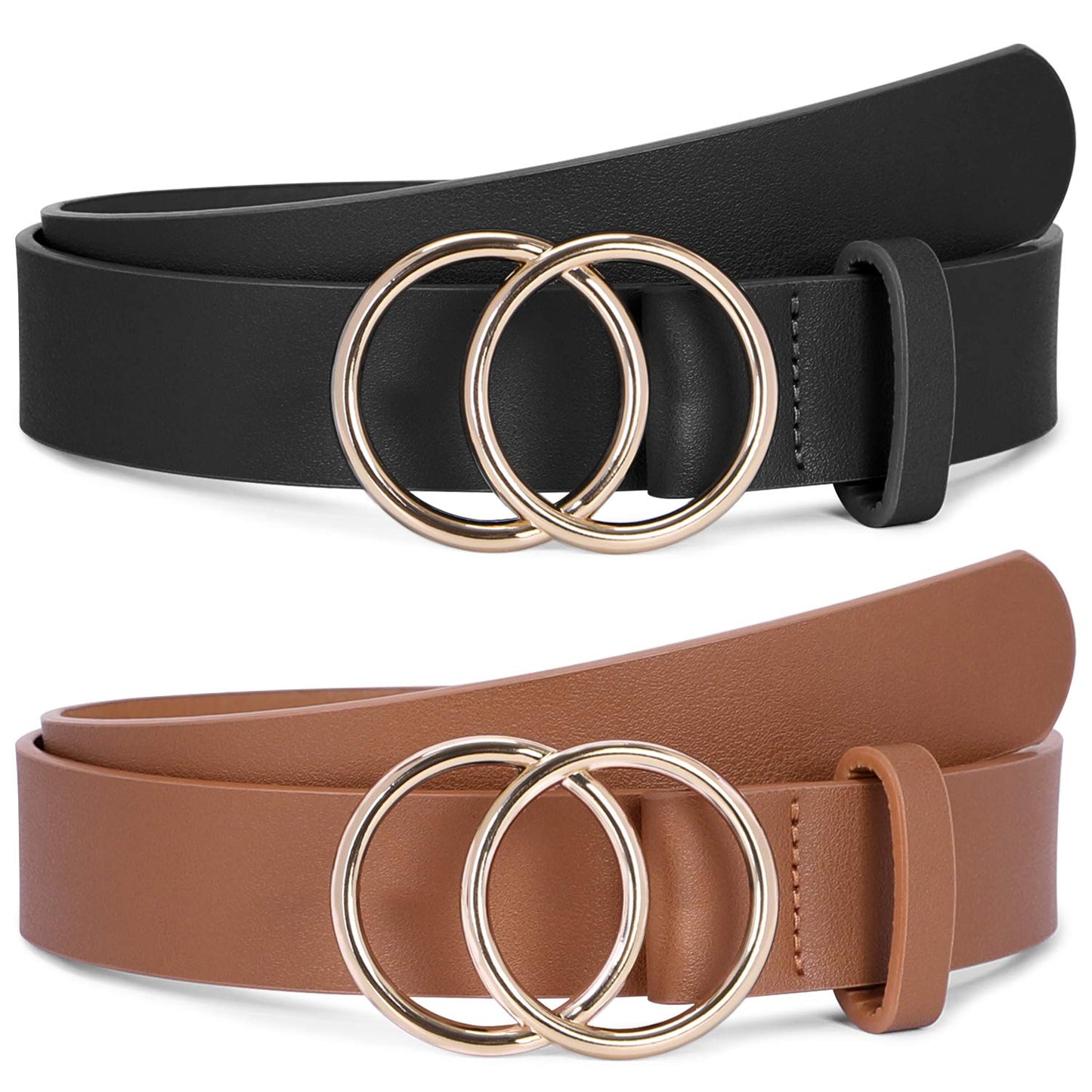 HOTSUOSDEY Women Leather Belt Fashion Double O-Ring Soft Faux Leather Waist Belts For Jeans Dress