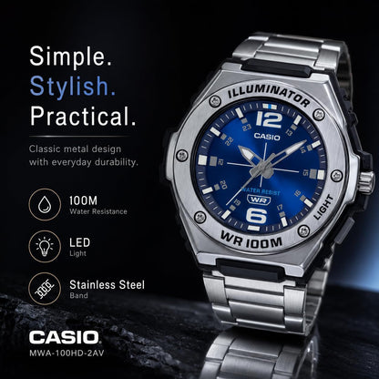 HOTCasio MWA100H Series | Men’s Analog Watch |100M WR | Stainless Steel Bezel | LED Illuminator Backlight with Afterglow | Resin Band | 3 Hands (HR, MIN, SEC) | 3 Year Battery