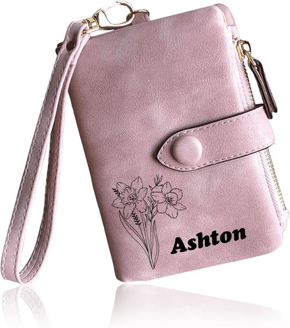 HOTPersonalized Wallets for Women - Custom Birth Flower and Name, Leather Ladies Wallet, Card Holder Coin Purse, Personalized Birthday Christmas Gifts for Mom Grandma (birthday flower)