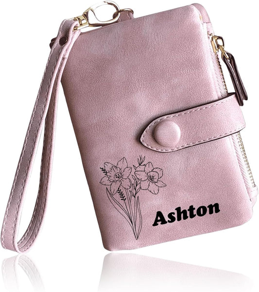 HOTPersonalized Wallets for Women - Custom Birth Flower and Name, Leather Ladies Wallet, Card Holder Coin Purse, Personalized Birthday Christmas Gifts for Mom Grandma (birthday flower)