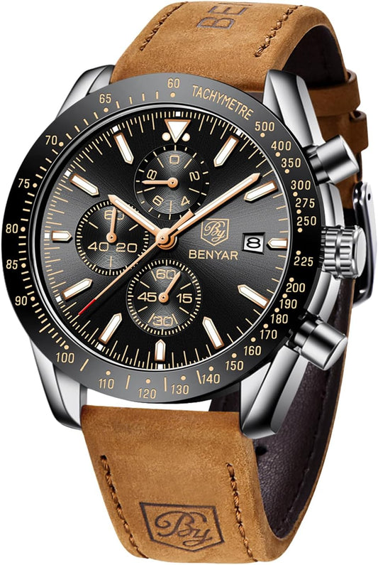 HOTBENYAR Watch for Men Analog Quartz Chronograph Waterproof Luminous Designer Mens Wrist Watches Business Work Sport Casual Dress Watch with Silicone Strap Elegant Gifts for Men