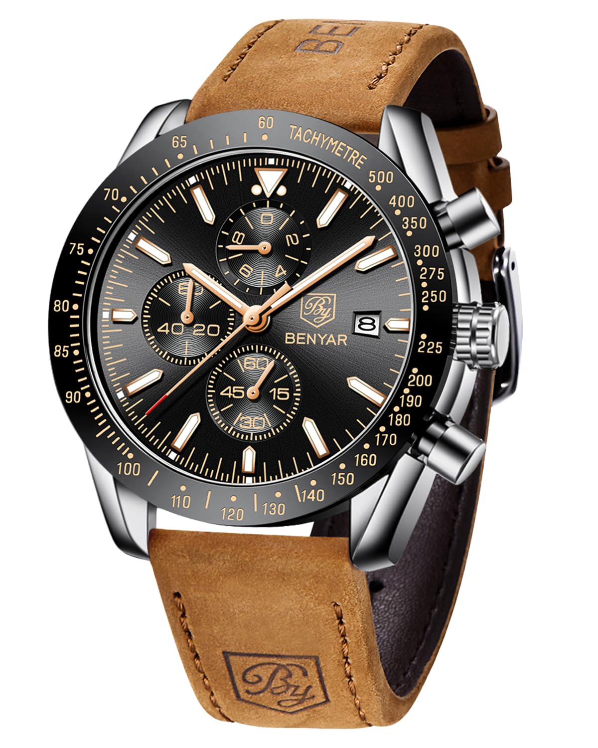 HOTBENYAR Watch for Men Analog Quartz Chronograph Waterproof Luminous Designer Mens Wrist Watches Business Work Sport Casual Dress Watch with Silicone Strap Elegant Gifts for Men