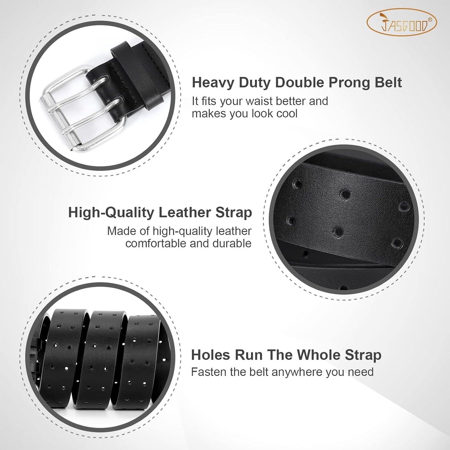 HOTJASGOOD Men Double Prong PU Leather Belt Casual Work Heavy Duty Belt Double Grommet Holes Belt for Jeans