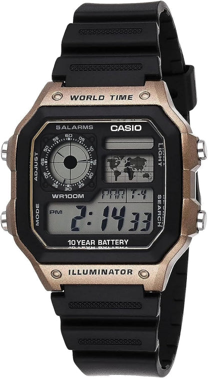 HOTCasio AE1200WH Series | Men’s Digital Watch | 100M WR | Multi Alarms | 100 SEC Stopwatch | Countdown Timer | World Map for World Time | LED Light | LC Analog Display | 10 Year Battery