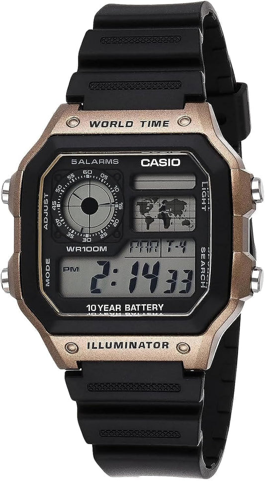 HOTCasio AE1200WH Series | Men’s Digital Watch | 100M WR | Multi Alarms | 100 SEC Stopwatch | Countdown Timer | World Map for World Time | LED Light | LC Analog Display | 10 Year Battery