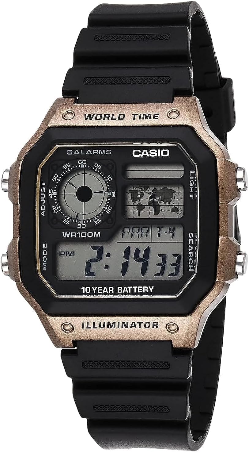 HOTCasio AE1200WH Series | Men’s Digital Watch | 100M WR | Multi Alarms | 100 SEC Stopwatch | Countdown Timer | World Map for World Time | LED Light | LC Analog Display | 10 Year Battery