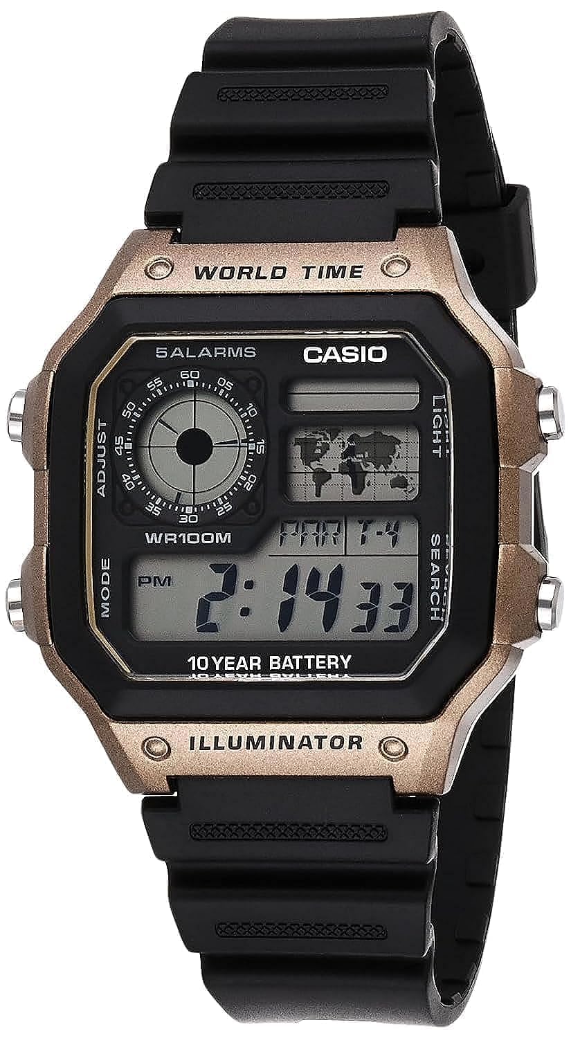 HOTCasio AE1200WH Series | Men’s Digital Watch | 100M WR | Multi Alarms | 100 SEC Stopwatch | Countdown Timer | World Map for World Time | LED Light | LC Analog Display | 10 Year Battery