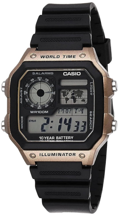 HOTCasio AE1200WH Series | Men’s Digital Watch | 100M WR | Multi Alarms | 100 SEC Stopwatch | Countdown Timer | World Map for World Time | LED Light | LC Analog Display | 10 Year Battery