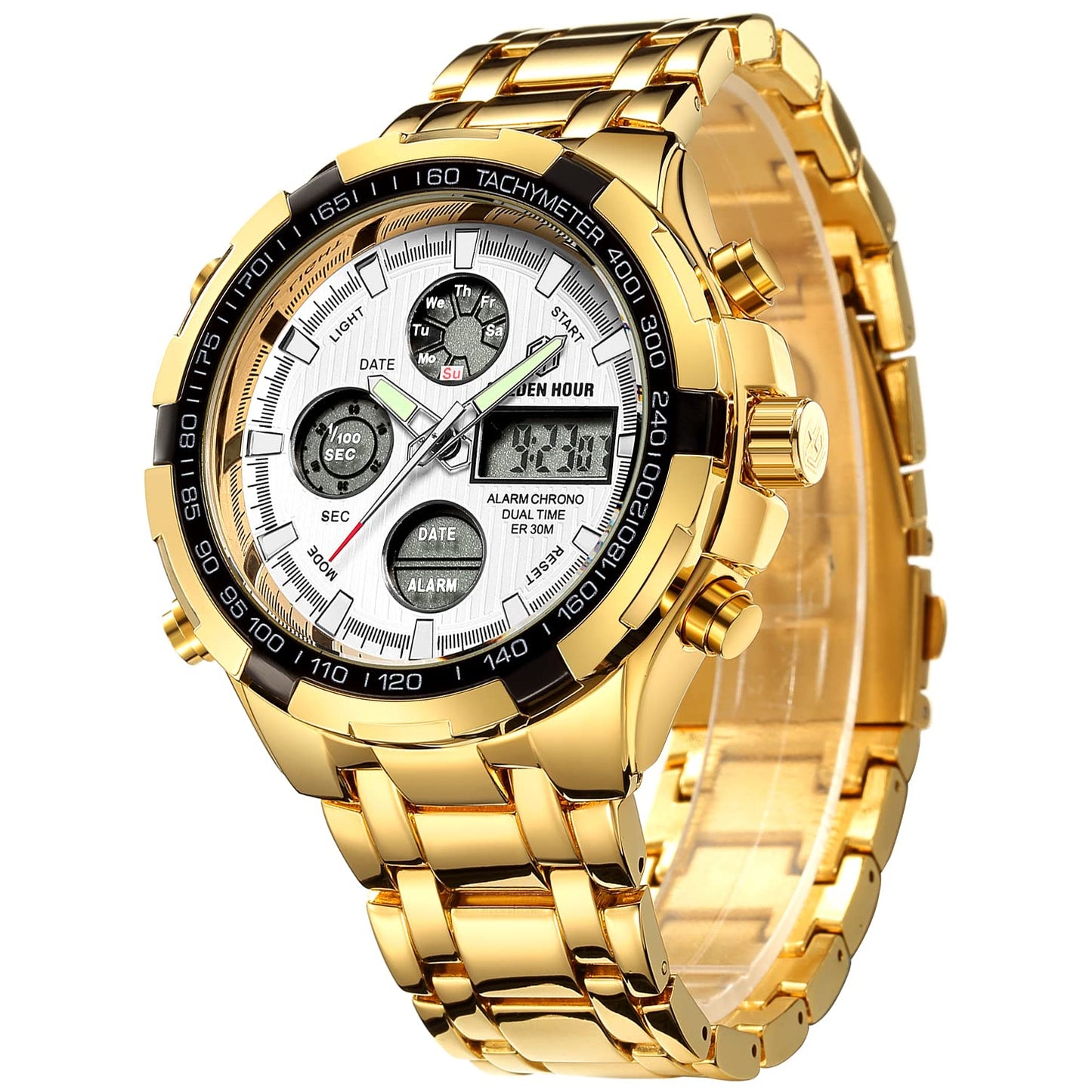 HOTGOLDEN HOUR Luxury Stainless Steel Analog Digital Watches for Men Male Outdoor Sport Waterproof Big Heavy Wristwatch