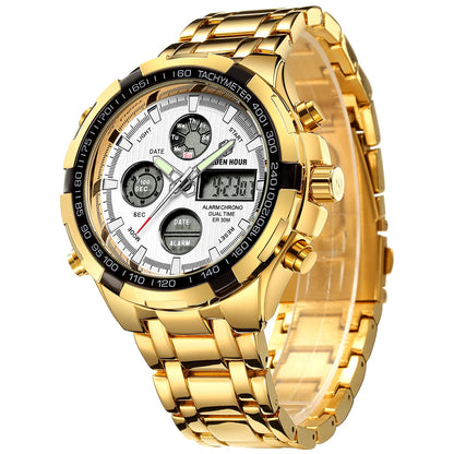 HOTGOLDEN HOUR Luxury Stainless Steel Analog Digital Watches for Men Male Outdoor Sport Waterproof Big Heavy Wristwatch