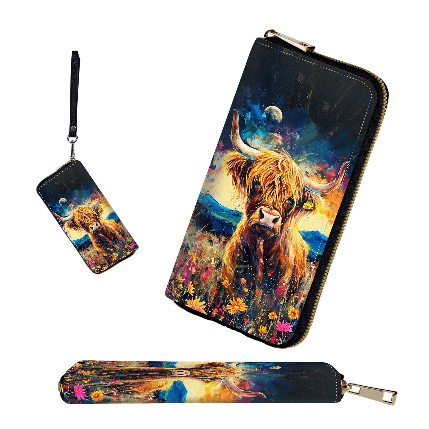 HOTRFID-Blocking Zip Around Wallets for Women with Detachable Wrist Strap,Large Capacity Phone Holder with Card Organizer & Coin Pocket,Brown Highland Cow