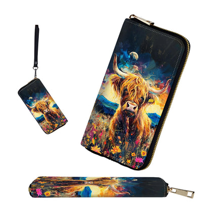 HOTRFID-Blocking Zip Around Wallets for Women with Detachable Wrist Strap,Large Capacity Phone Holder with Card Organizer & Coin Pocket,Brown Highland Cow