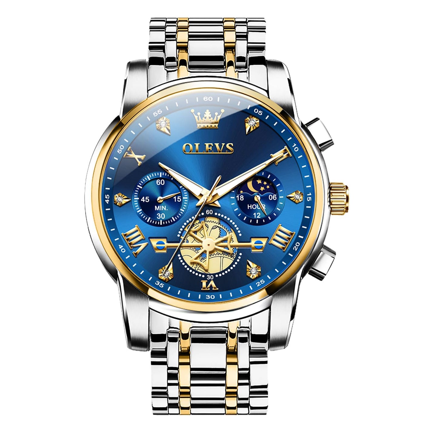 HOTOLEVS Men Watches Stainless Steel Chronograph Watch, Large Wrist Analog Quartz Watch, Fashion Waterproof Diamond Roman Numerals Dress Watches for Men, Gold/Black/White/Blue/Grey Dial