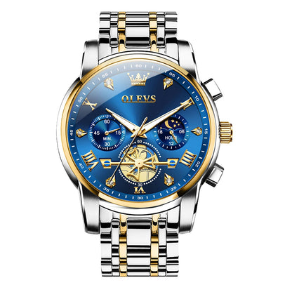 HOTOLEVS Men Watches Stainless Steel Chronograph Watch, Large Wrist Analog Quartz Watch, Fashion Waterproof Diamond Roman Numerals Dress Watches for Men, Gold/Black/White/Blue/Grey Dial