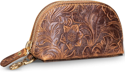 HOTGexmil Genuine Leather Coin Purse with Zipper, Mini Coin Pouch | Full Grain Leather Bag for Women Men,Change Wallet,Zipper Closure,Earbuds Chargers Cables,Floral Brown
