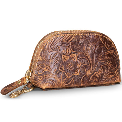 HOTGexmil Genuine Leather Coin Purse with Zipper, Mini Coin Pouch | Full Grain Leather Bag for Women Men,Change Wallet,Zipper Closure,Earbuds Chargers Cables,Floral Brown