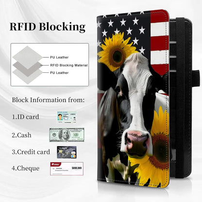 HOTCheck Book Cover for Personal Checkbook American Flag Sunflowers Cow Pattern Design PU Leather Checkbook Cover for Men Women with Card Slot & Pen Holder and Elastic Strap for Duplicate Checks