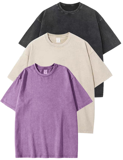 HOTFlygo 3 Pack Men Oversized T Shirts Acid Washed Unisex Tee Loose Fit Short Sleeve Casual Streetwear Baggy Basic Tops