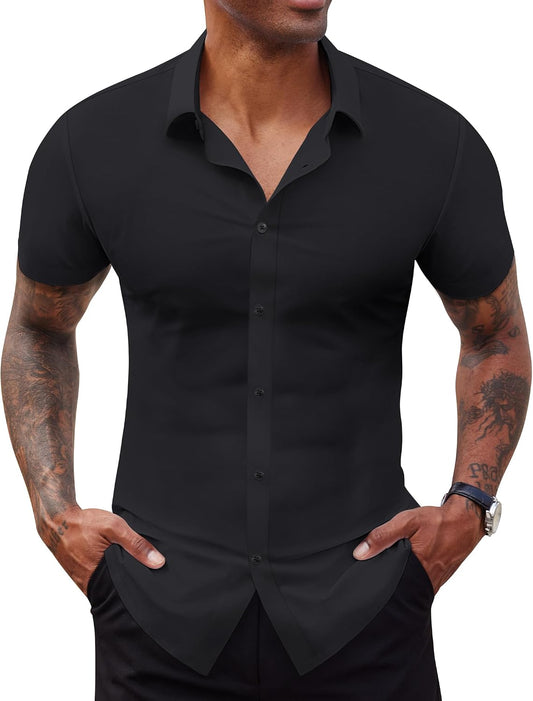 HOTLion Nardo Stretch Dress Shirts for Men Short Sleeve Slim Fit Casual Button Down Shirts Muscle Fit Men's Dress Shirts