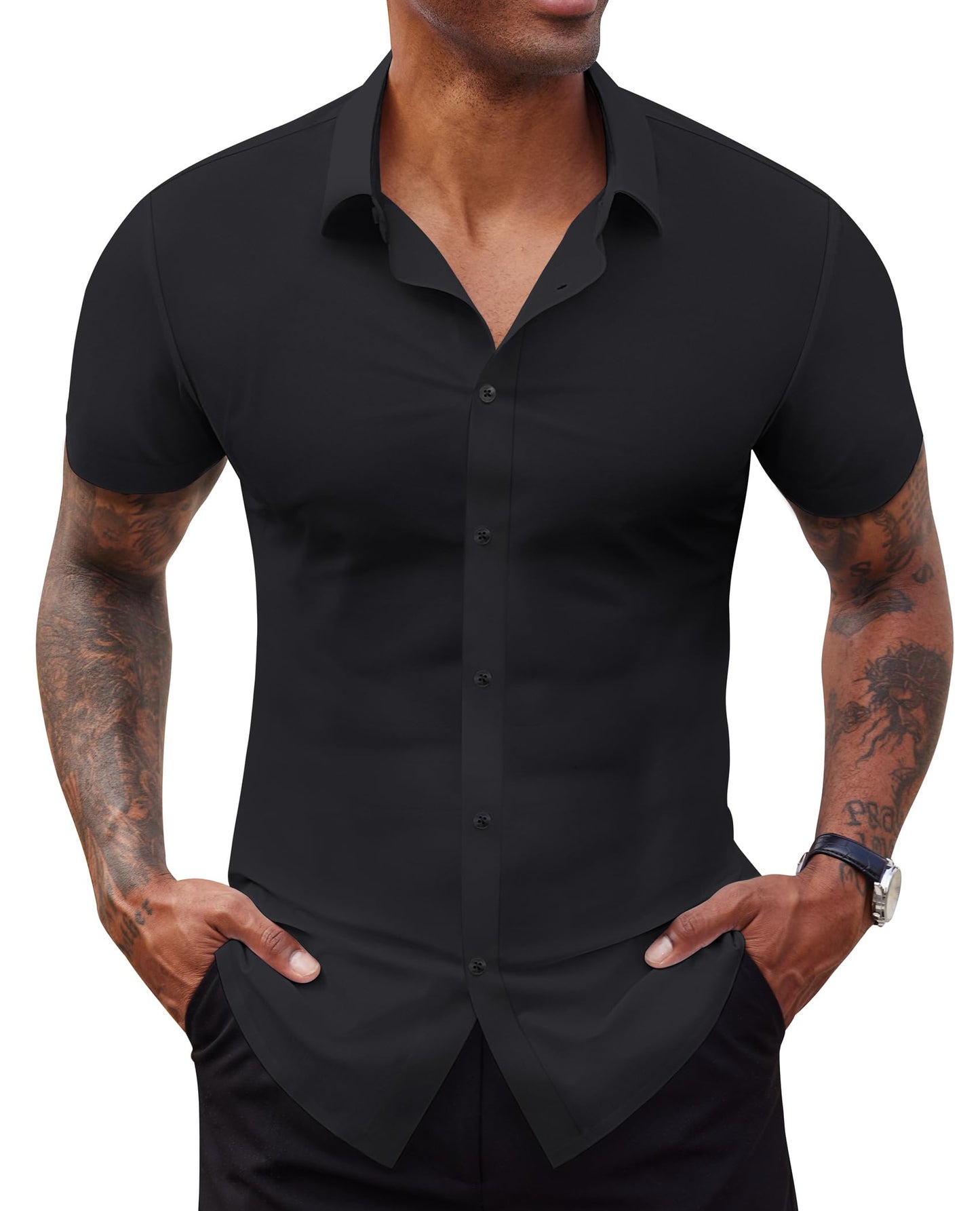 HOTLion Nardo Stretch Dress Shirts for Men Short Sleeve Slim Fit Casual Button Down Shirts Muscle Fit Men's Dress Shirts