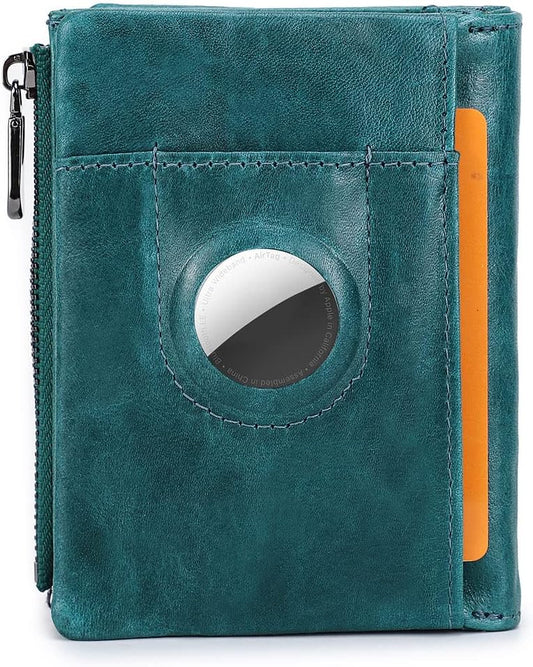 HOTCONTACTS Womens Bifold Wallet Leather, AirTag Minimalist Leather Purse for Women Small Coin Card Zipper Pocket with RFID Blocking (Peacock Blue)