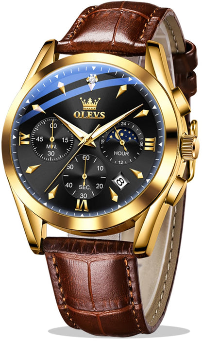 HOTOLEVS Men's Leather Analog Quartz Watch Luxury Chronograph Watch Waterproof
