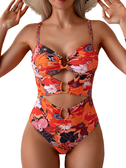 HOTEomenie Womens Cutout One Piece Swimsuit Sexy Bathing Suit | Ring Linked, Adjustable Spaghetti Straps, Bra Support, Soft Removable Cups, Monokini for Beach Vacation, Pool Side