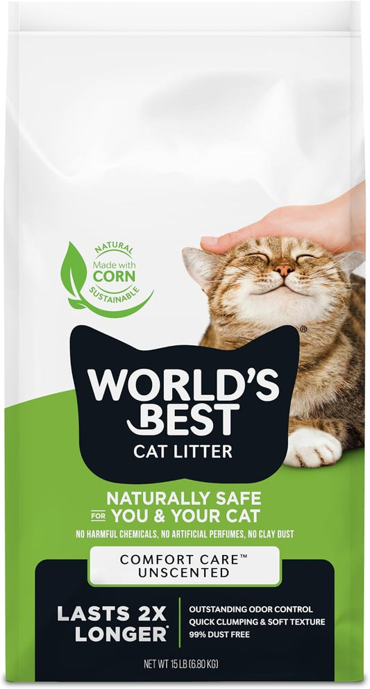HOTWorld's Best Cat Litter, Comfort Care, Unscented, Odor Control, 15 lb Bag | Gentle odor control for sensitive cats and lasts 2x longer; natural corn litter, quick clumping, flushable, 99% dust free