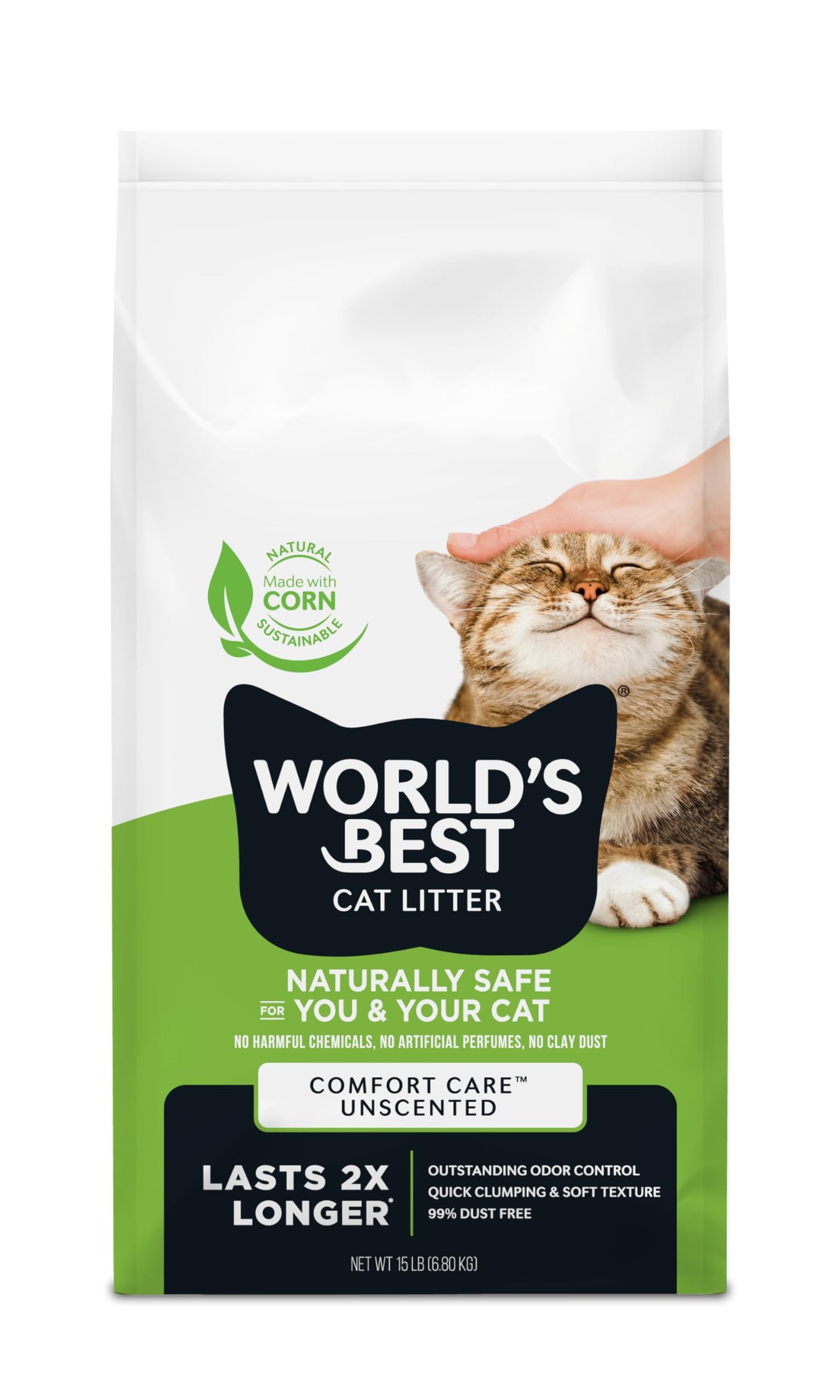 HOTWorld's Best Cat Litter, Comfort Care, Unscented, Odor Control, 15 lb Bag | Gentle odor control for sensitive cats and lasts 2x longer; natural corn litter, quick clumping, flushable, 99% dust free