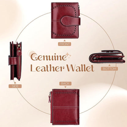 HOTGenuine Leather Wallets for Women RFID Protective Coin Purse Red | Credit Card Holder, with Coin Pocket, 16 Card Slots, 2 ID Slots, 2 Cash Pocket, Mini, Cute