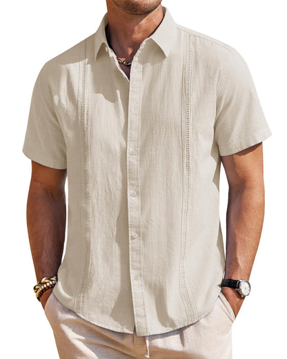 HOTMens Linen Textured Shirt Short Sleeve Button Down Cuban Guayabera Shirt | 100% Cotton, Casual Wear, Lightweight Breathable, Summer Beach, Untucked, Relaxed Fit, Vacation, Cruise, Camp, Collared