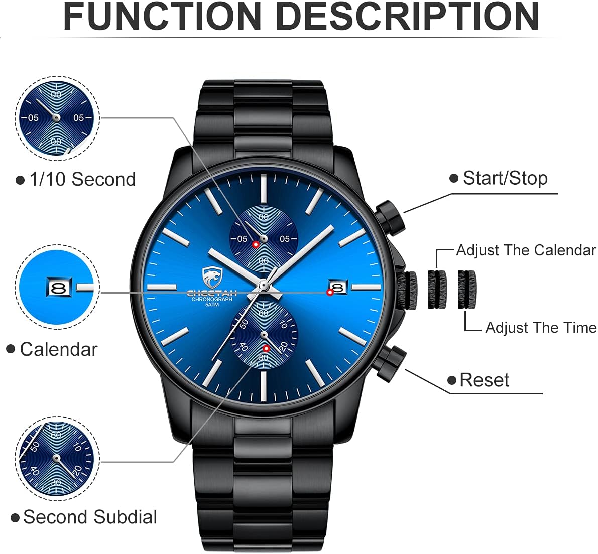 HOTGOLDEN HOUR Fashion Business Mens Watches with Stainless Steel Waterproof Chronograph Quartz Watch for Men, Auto Date